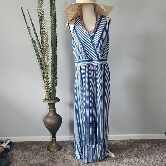 Cato Blue and White Striped Jumpsuit with Ruffle Hem NWOT - Picture 3 of 16